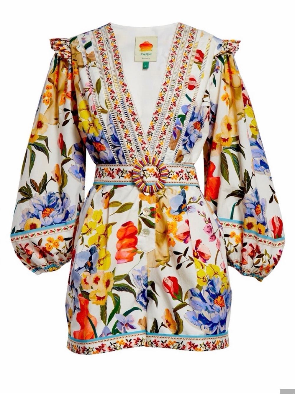 Farm Rio Floral Beaded Belted Puff Sleeve Cotton Playsuit Romper XL